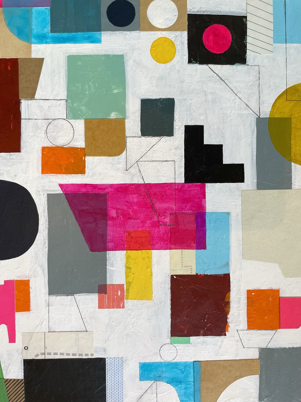 Detail of an abstract geometric painting in pink, teal and gold